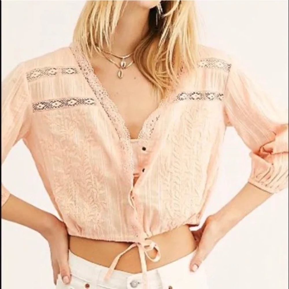 Free People Peach Lace Detail Top